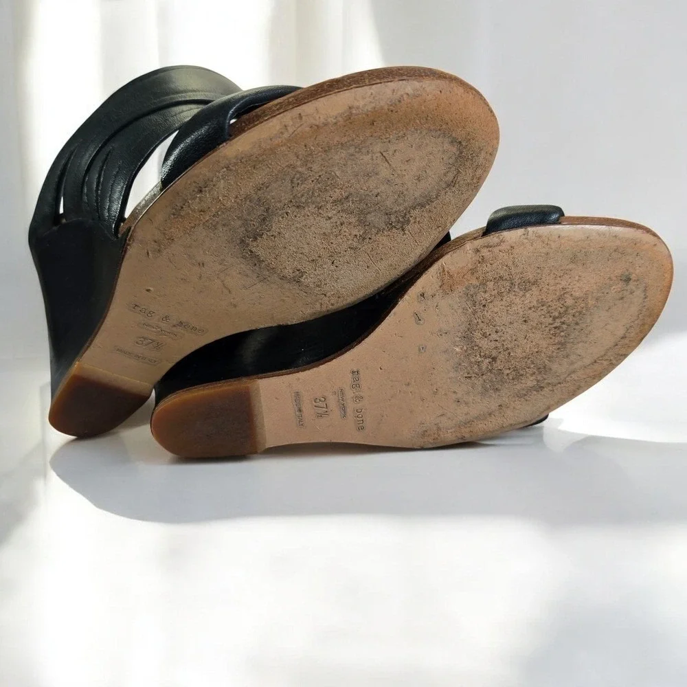 Rag Bone‎ New York Black Leather Crossover Wedge Mules Made in Italy Woman 7 US